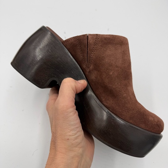 Everlane Dark Umber Brown Suede Wooden Puffa Platform Clog 5 - Picture 9 of 14